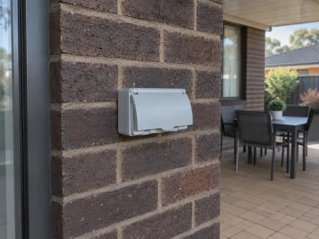 Weatherproof outdoor power point on a brick wall under a covered patio in Elermore Vale