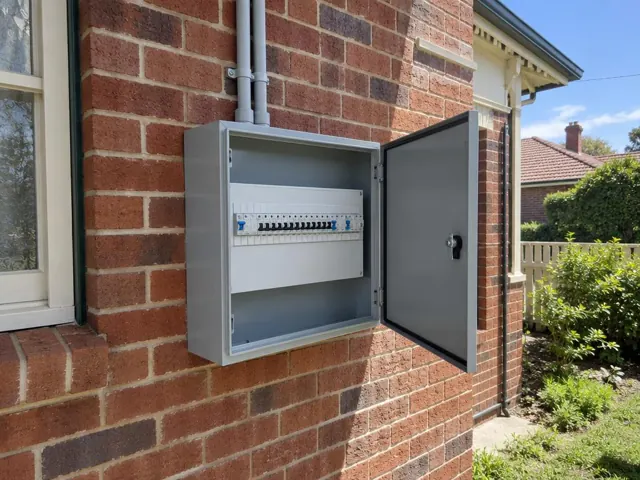 External switchboard mounted on a brick house wall with door open in Lambton